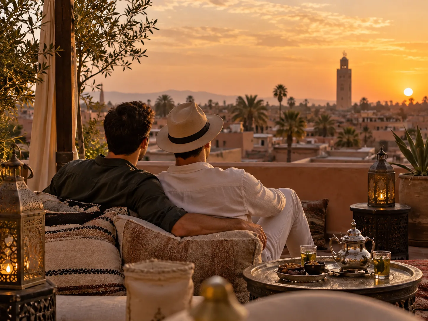 Due viaggiatori osservano Marrakech da una terrazza al tramonto