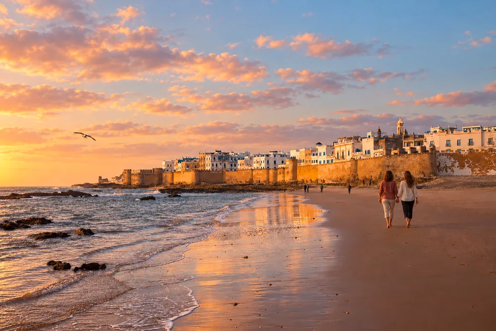 Due donne passeggiano sulla spiaggia di Essaouira al tramonto