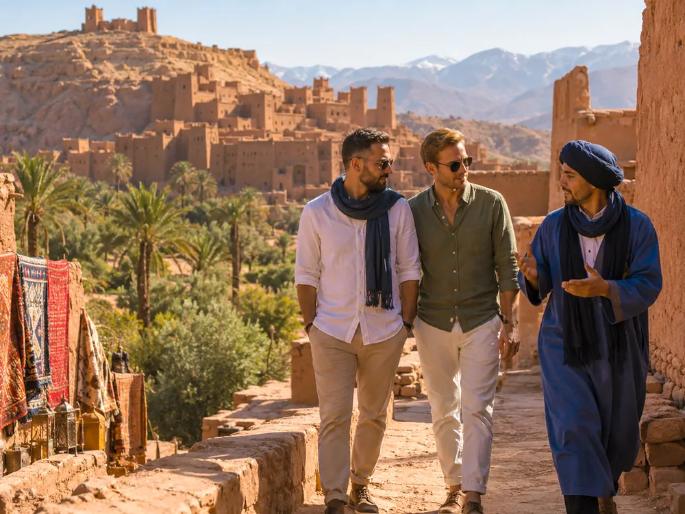 Viaggiatori con una guida davanti allo ksar di Aït Ben Haddou