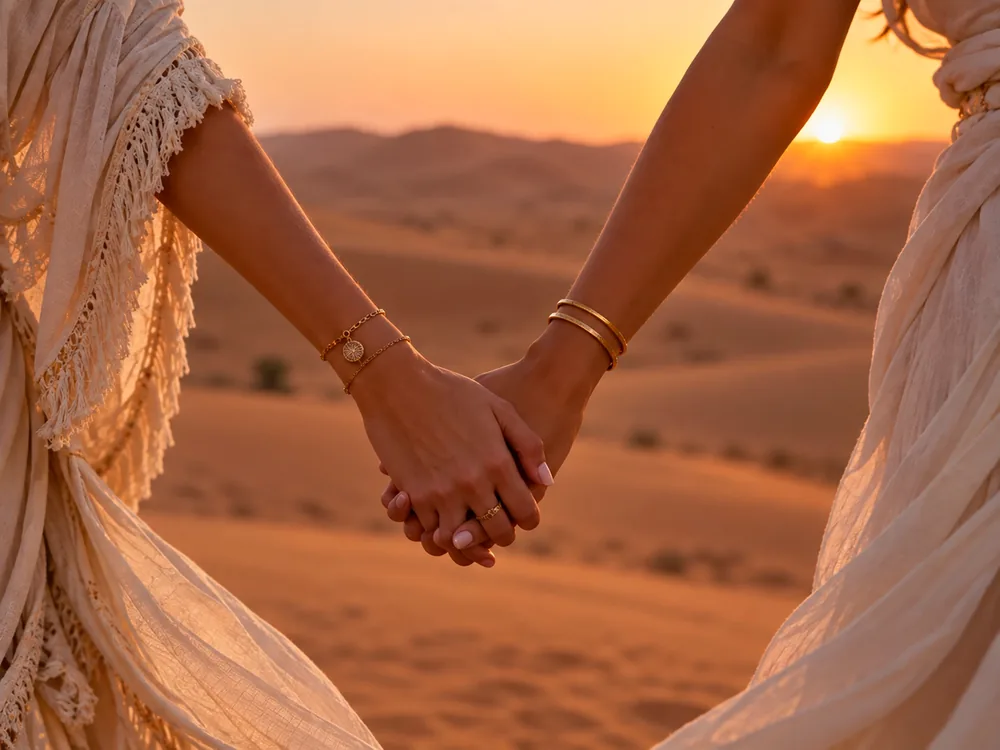 Le mani di due donne davanti alle dune al tramonto