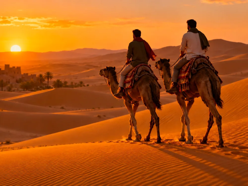 Due viaggiatori sui dromedari tra le dune al tramonto
