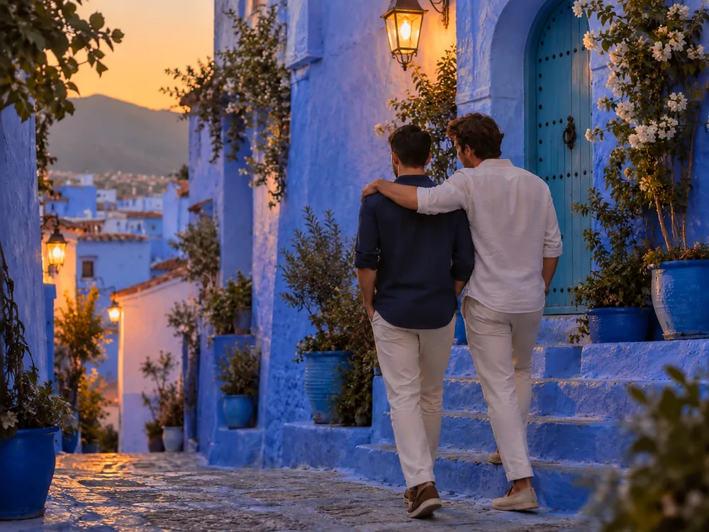 Due viaggiatori passeggiano nei vicoli blu di Chefchaouen