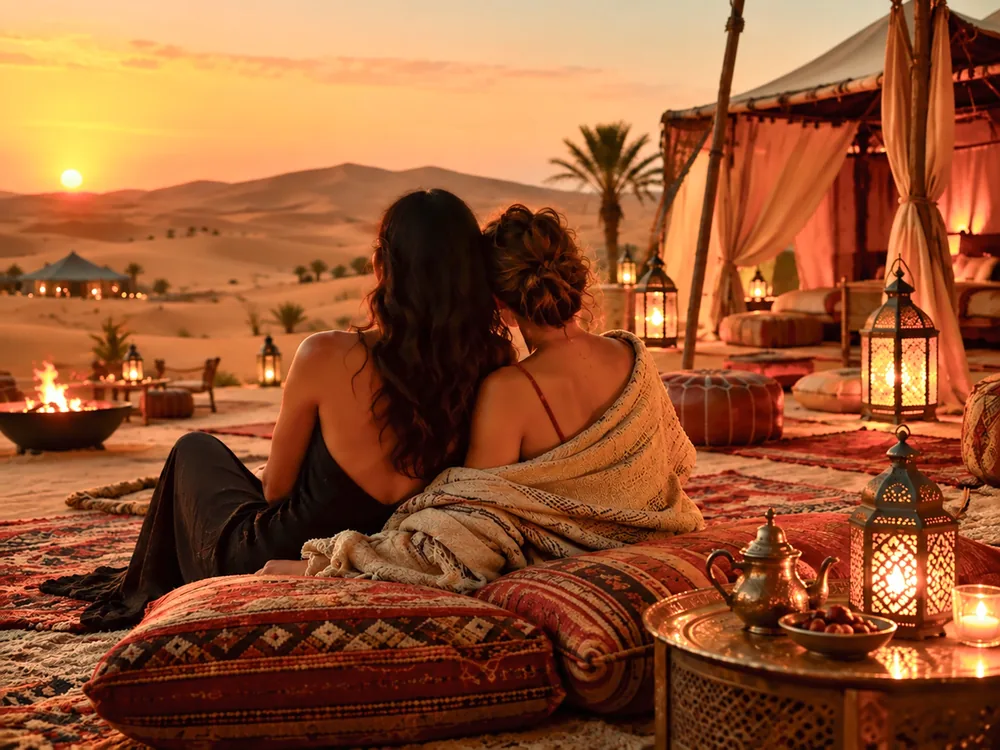 Due donne osservano il tramonto in un campo tendato nel deserto