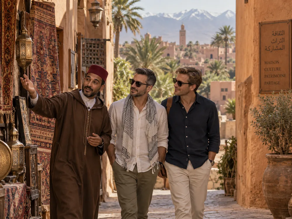 Tre persone conversano durante una visita in una medina marocchina