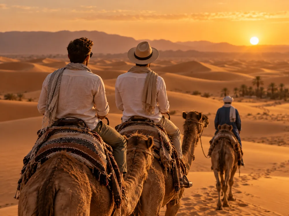 Viaggiatori sui dromedari tra le dune al tramonto